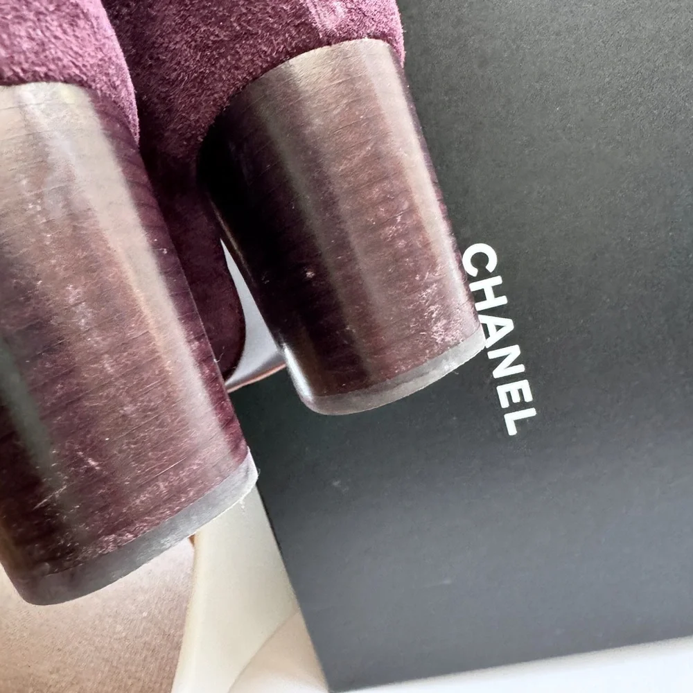 Chanel Burgundy Suede Ankle Boots with Gold CC